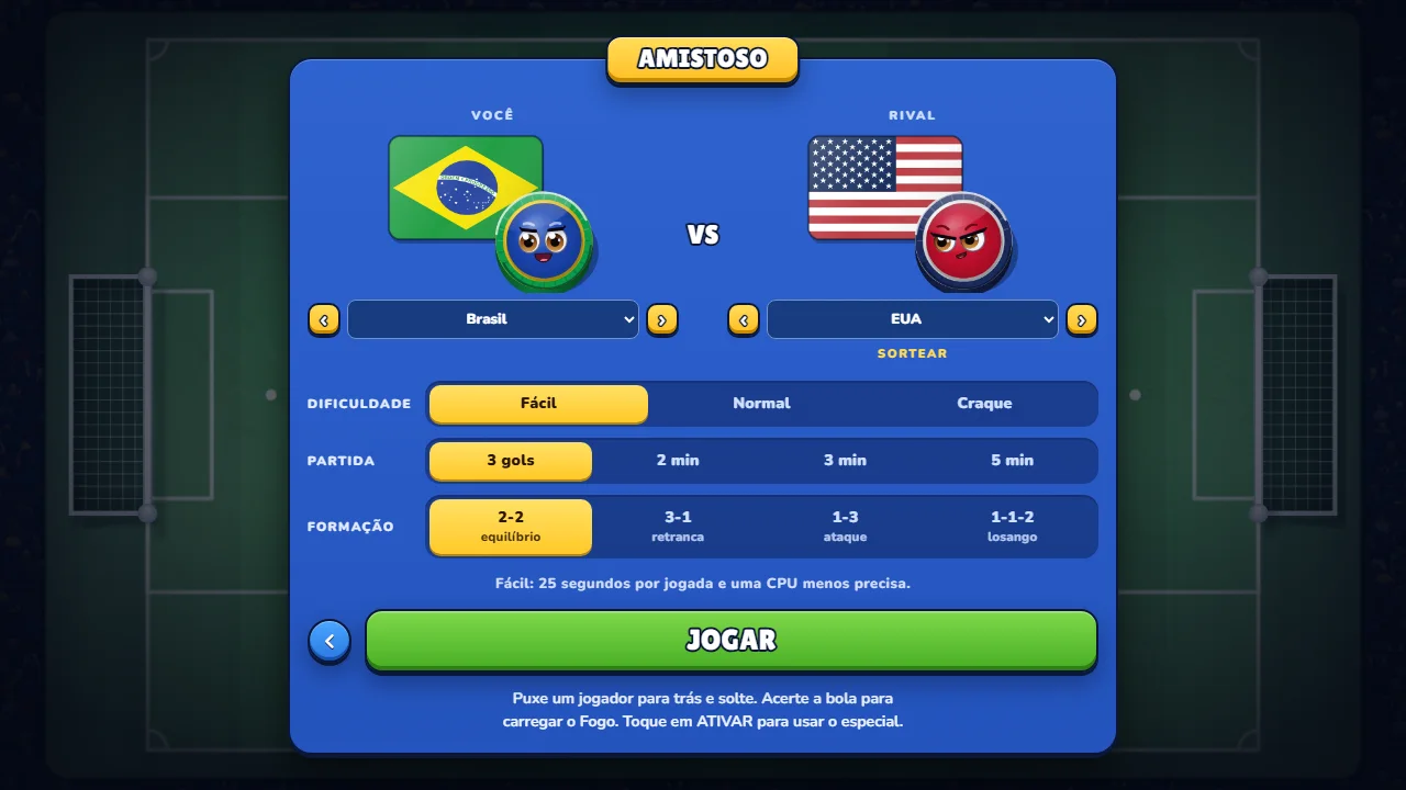 Friendly setup screen in Golazo!: Brazil against the USA, Easy difficulty, 3 goals, 2-2 formation and the note about 25 seconds per move.