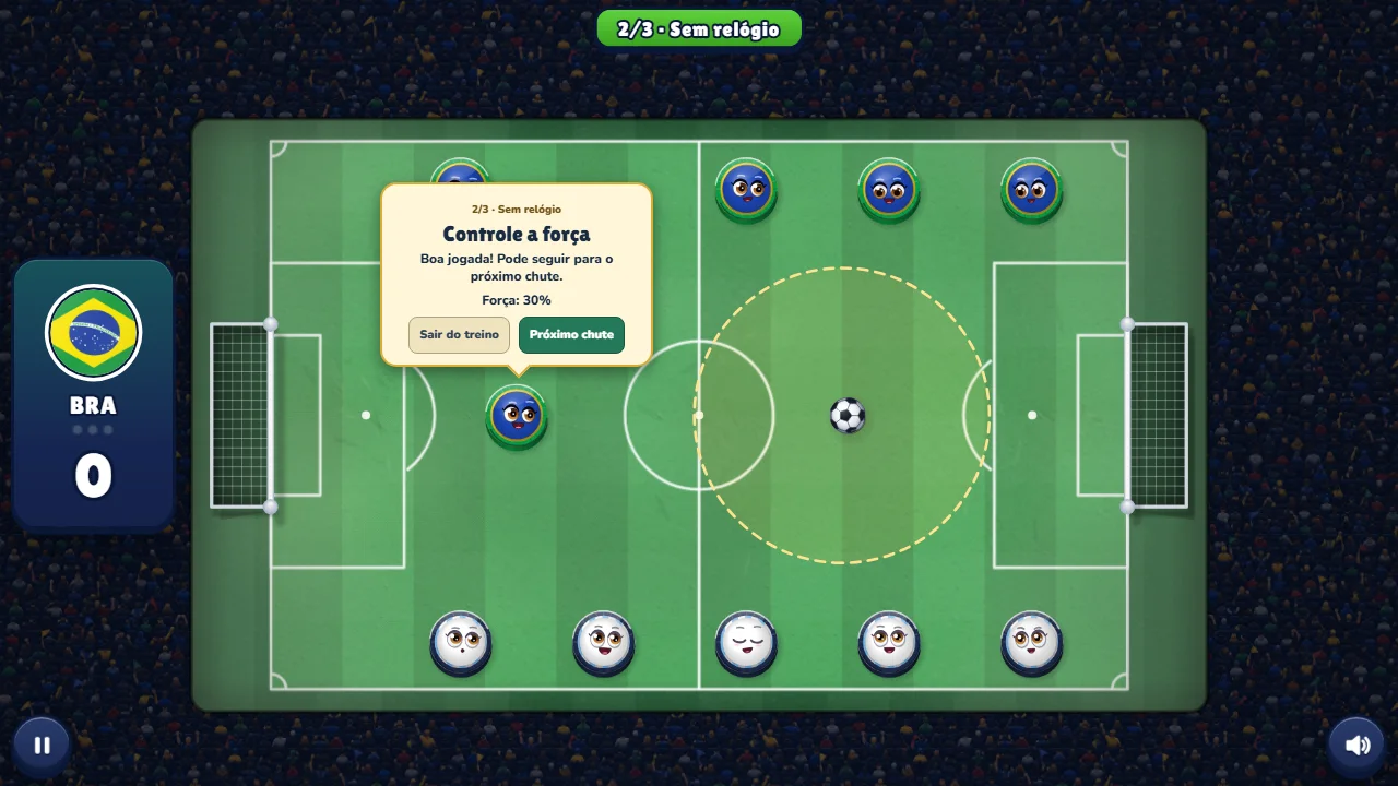 Practice step 2 of 3: the bubble reads Boa jogada and Força 30%, with the ball resting inside the golden circle.