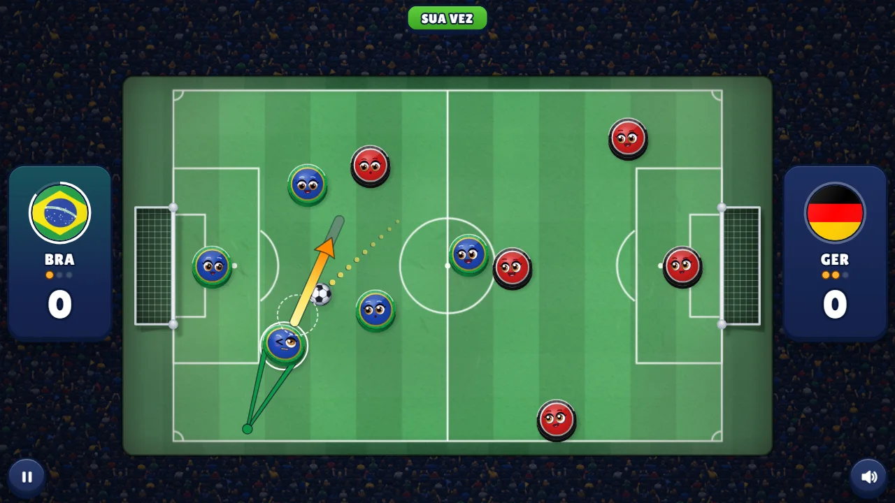 Full aim in a match against Germany: a blue button pulled back on its elastic band, an orange arrow, a contact circle beside the ball and the dotted path.