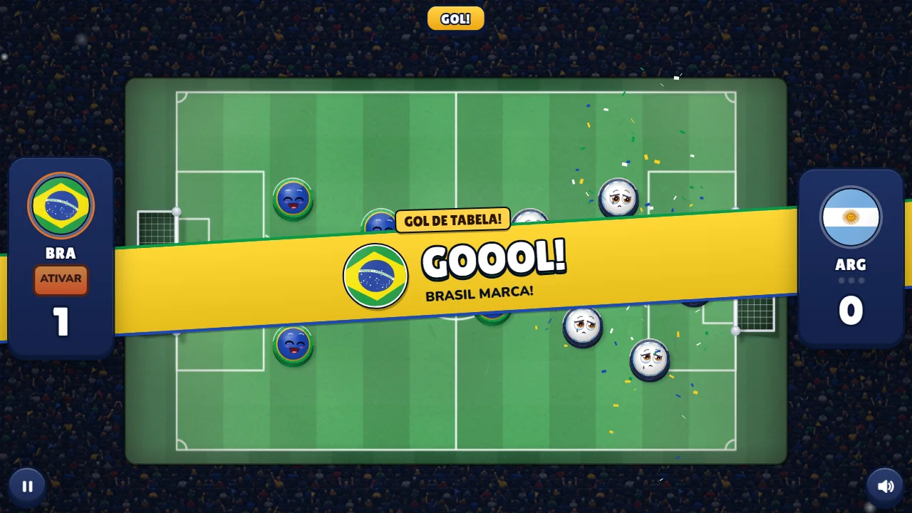 Golden goal ribbon in Golazo!: GOL DE TABELA, GOOOL BRASIL MARCA, confetti, smiling blue pieces and tearful white pieces.