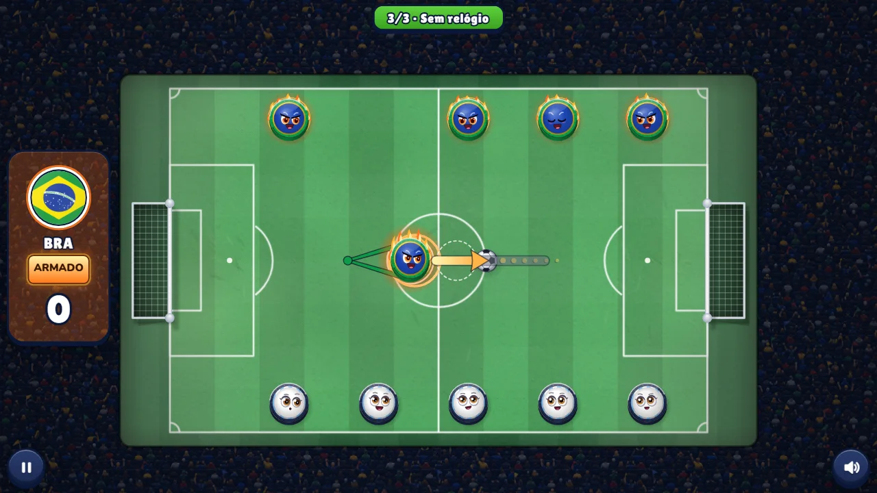 Fire shot practice: Brazil's scoreboard in ember tones with the ARMADO button, blue pieces in flames and the orange aim arrow beside the ball.