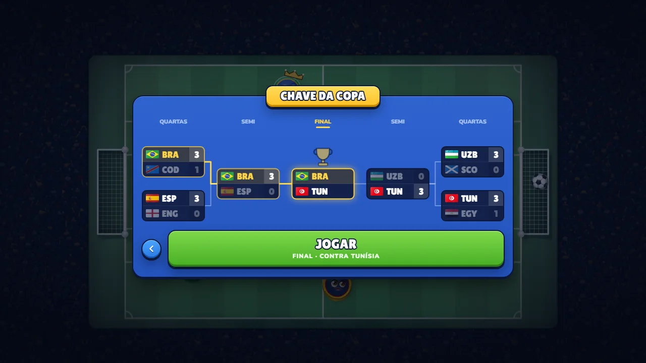 Cup bracket in Golazo!: Brazil 3-1 DR Congo and 3-0 Spain, the final against Tunisia highlighted and the other games already scored.