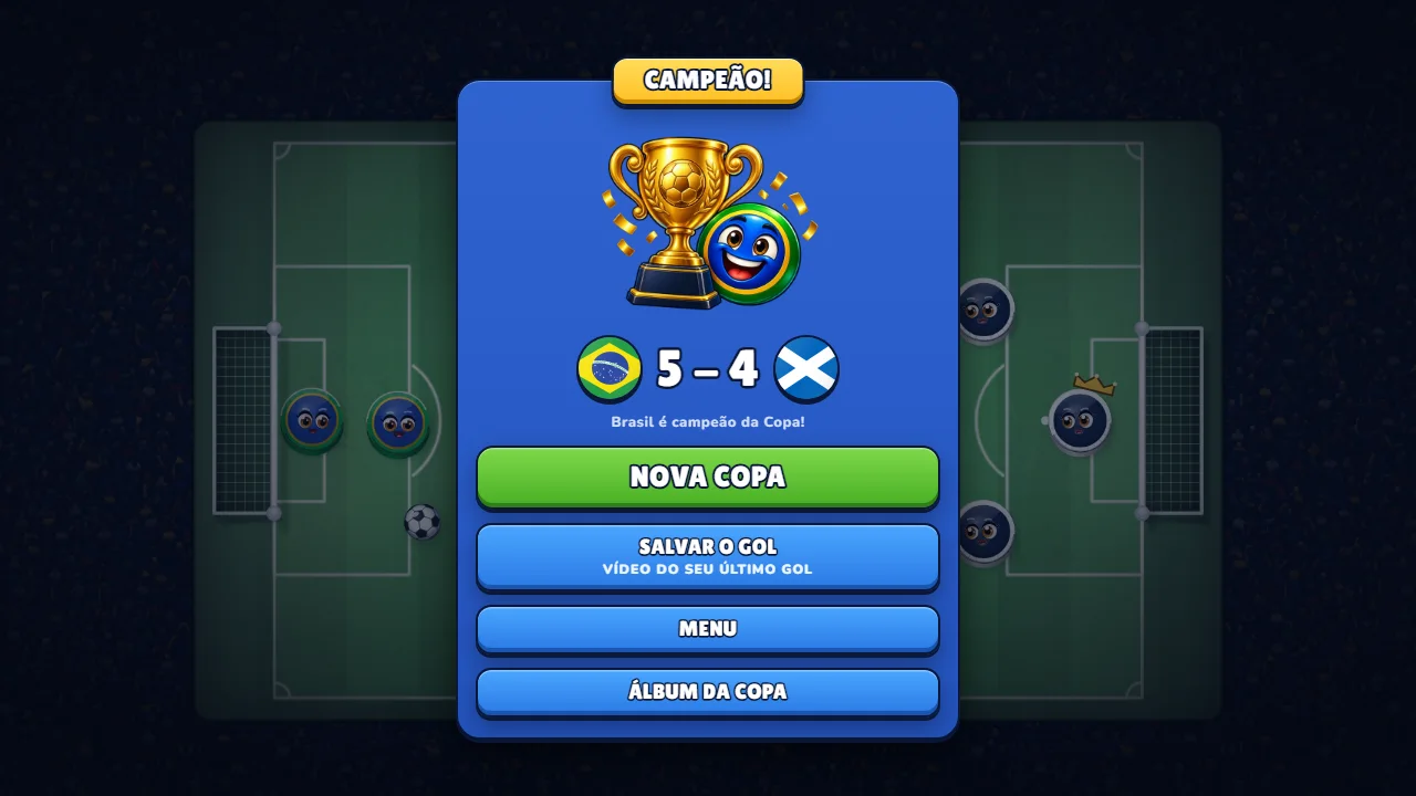 CAMPEÃO! screen in Golazo!: a golden trophy and a smiling piece, Brazil 5-4 Scotland and the buttons Nova Copa, Salvar o gol, Menu and Álbum da Copa.