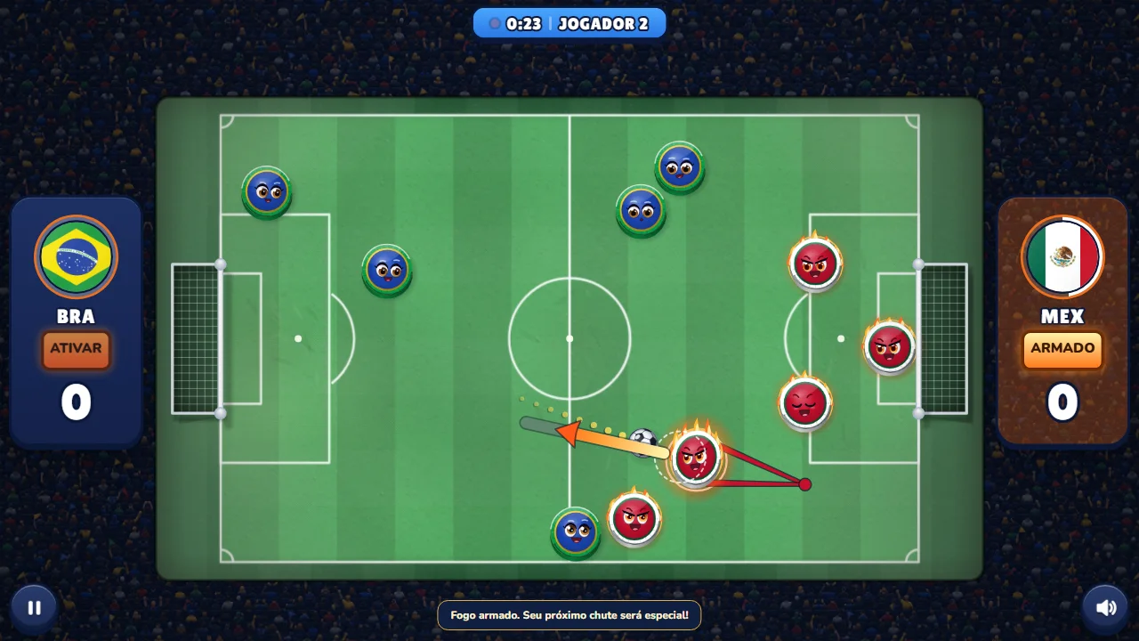A 2 Jogadores match in Golazo!: the top shows 0:23 and JOGADOR 2, Mexico's red pieces in flames, the ARMADO button on Mexico's scoreboard and the aim arrow.