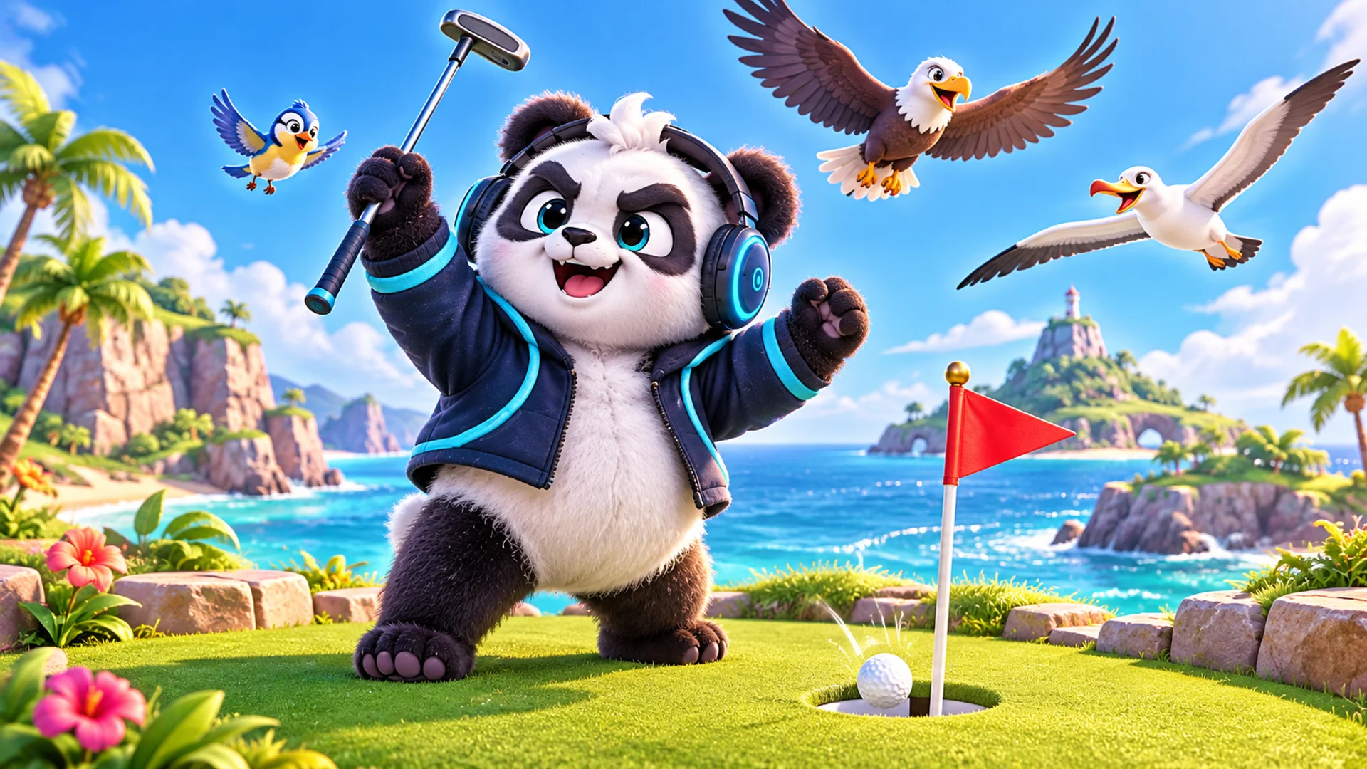 Polarzinho celebrating with his club raised on a seaside mini golf green as the ball drops in the cup, with a little bird, an eagle and an albatross flying by
