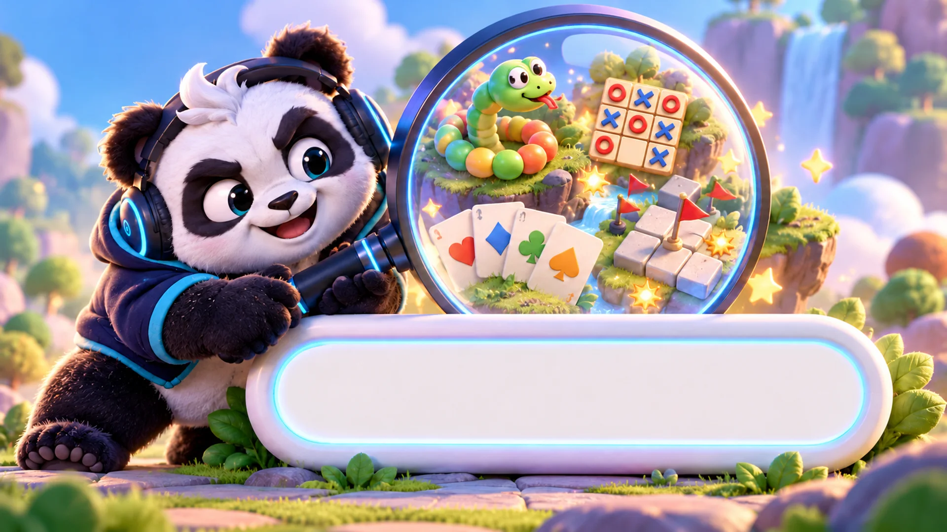 Polarzinho holding a giant magnifying glass over a blank search bar, revealing hidden mini games: snake, tic-tac-toe, cards and minesweeper