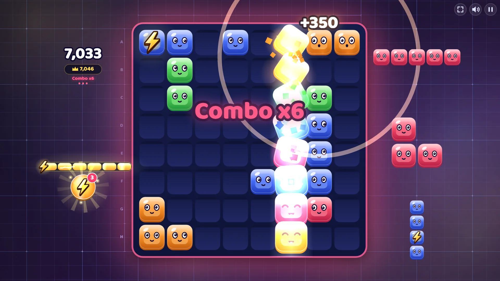 Uma coluna inteira de blocos explodindo no Gridspark com Combo x6 e +350, o medidor de raios cheio e três cargas de ZAP guardadas