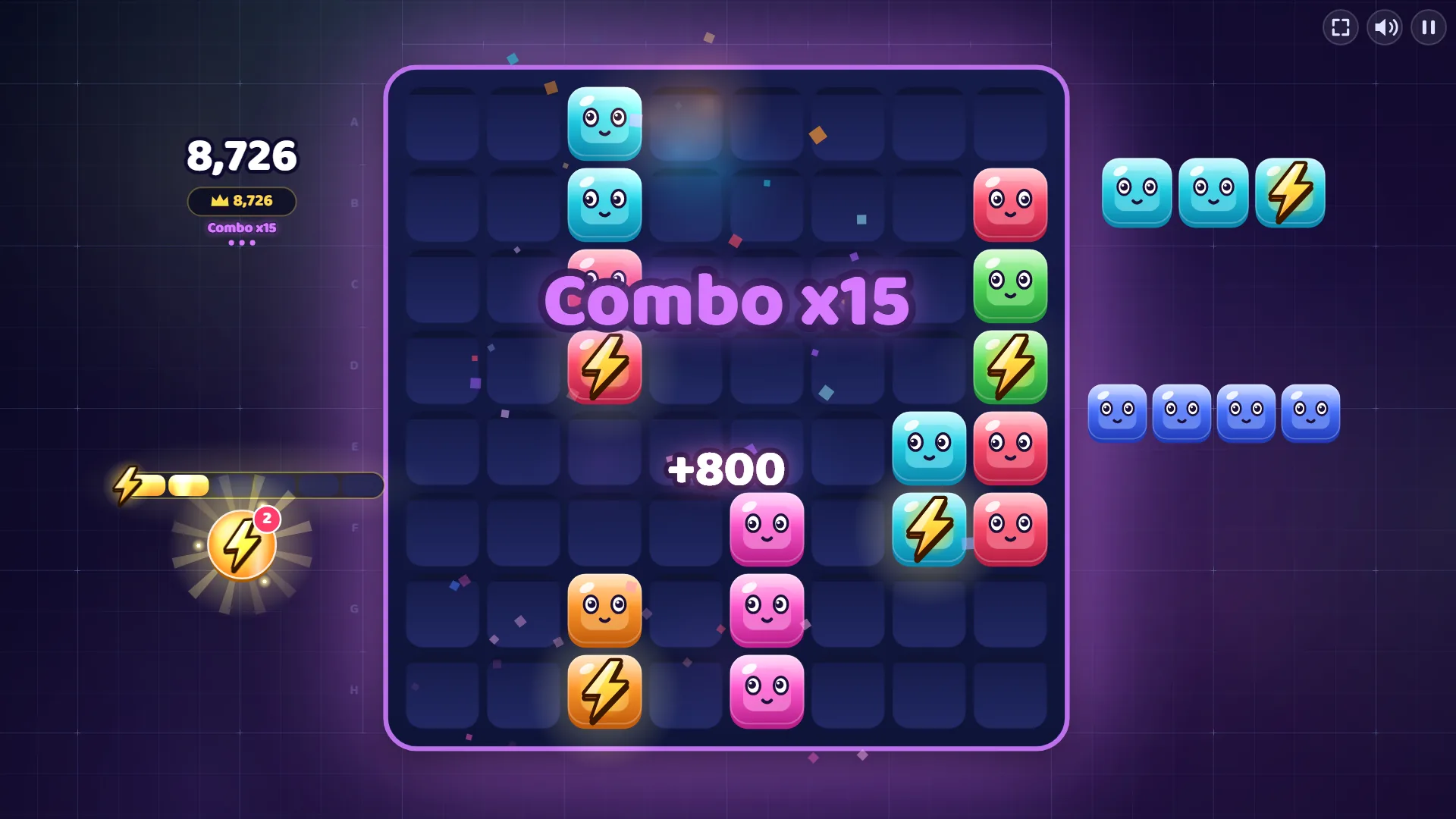 Tabuleiro do Gridspark no Combo x15 com +800 na tela, moldura roxa e duas cargas de ZAP guardadas