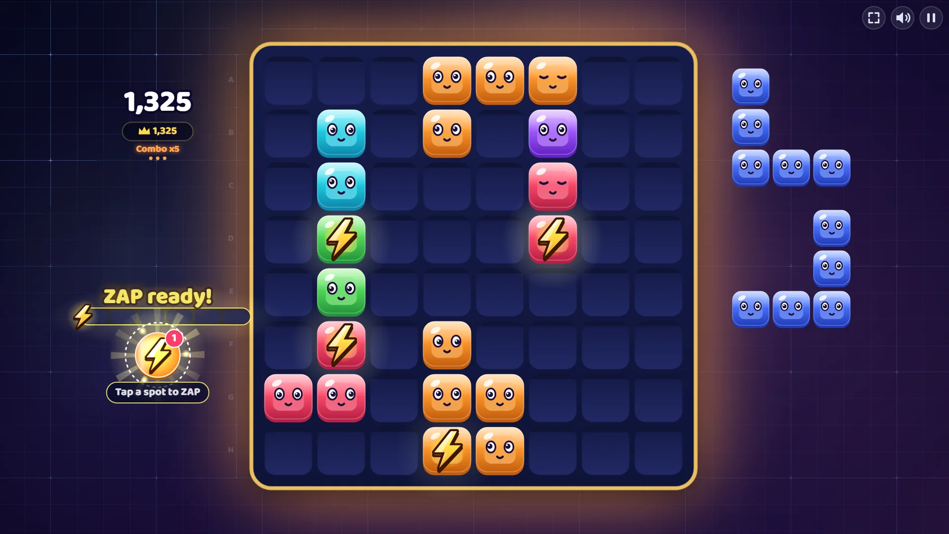 Gridspark com ZAP ready! sobre o medidor, uma bolinha com 1 no botão ZAP e a dica Tap a spot to ZAP