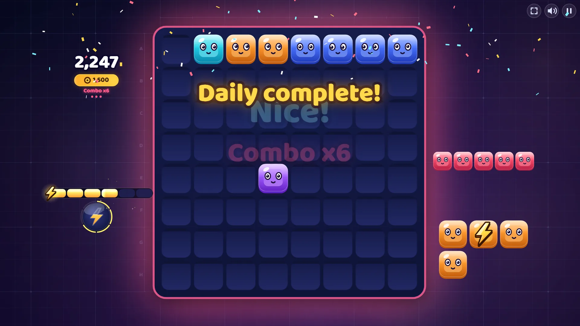 Gridspark mostrando Daily complete! com confete, um selo de meta 1.500 e placar de 2.247 no combo x6