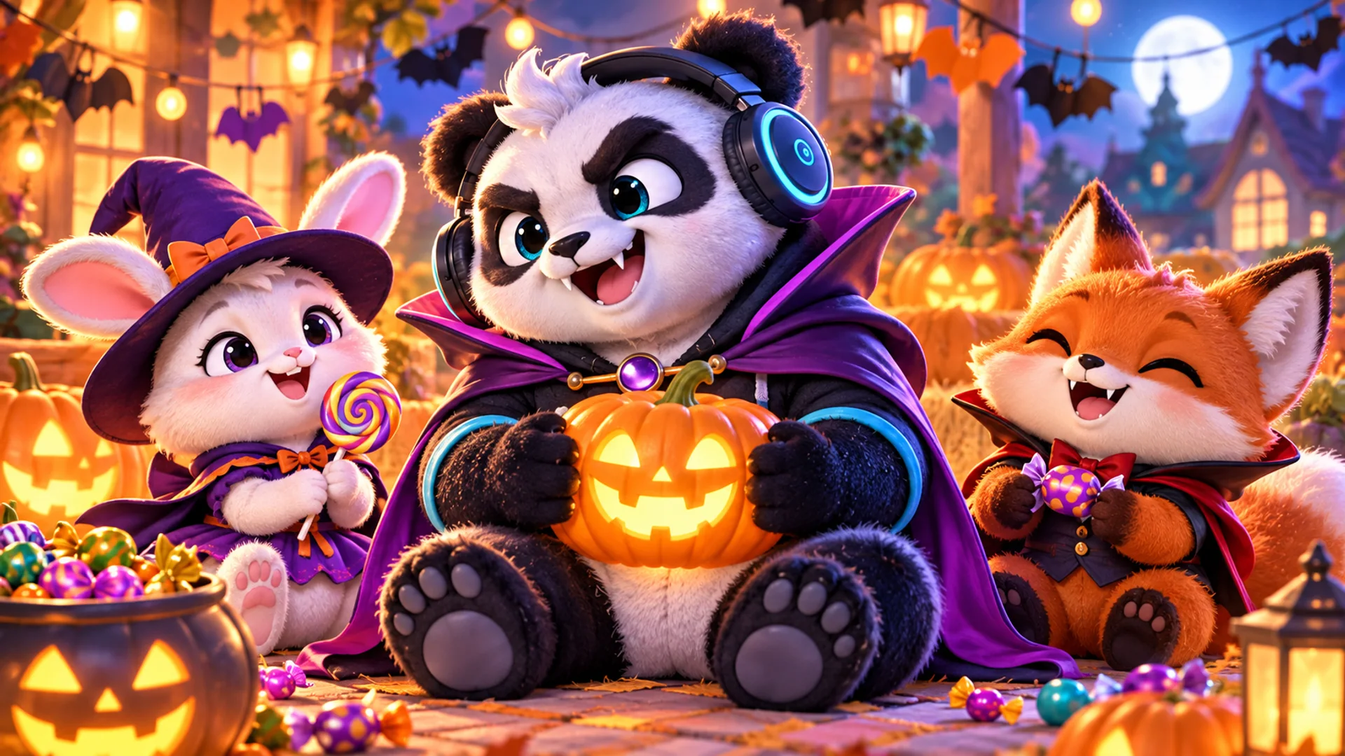 Polarzinho disfrazado de vampiro con una calabaza iluminada, entre una conejita bruja y un zorro vampiro, con dulces y murciélagos de papel
