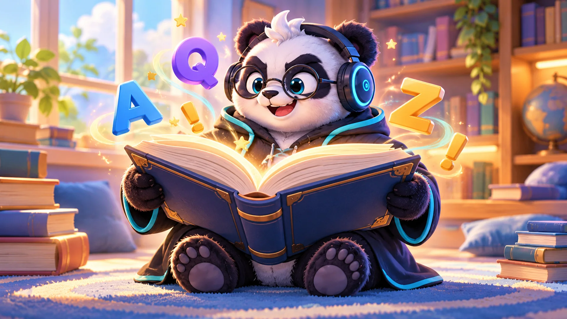 Polarzinho in glasses reading a giant dictionary in a library, with letters and exclamation marks rising from the pages