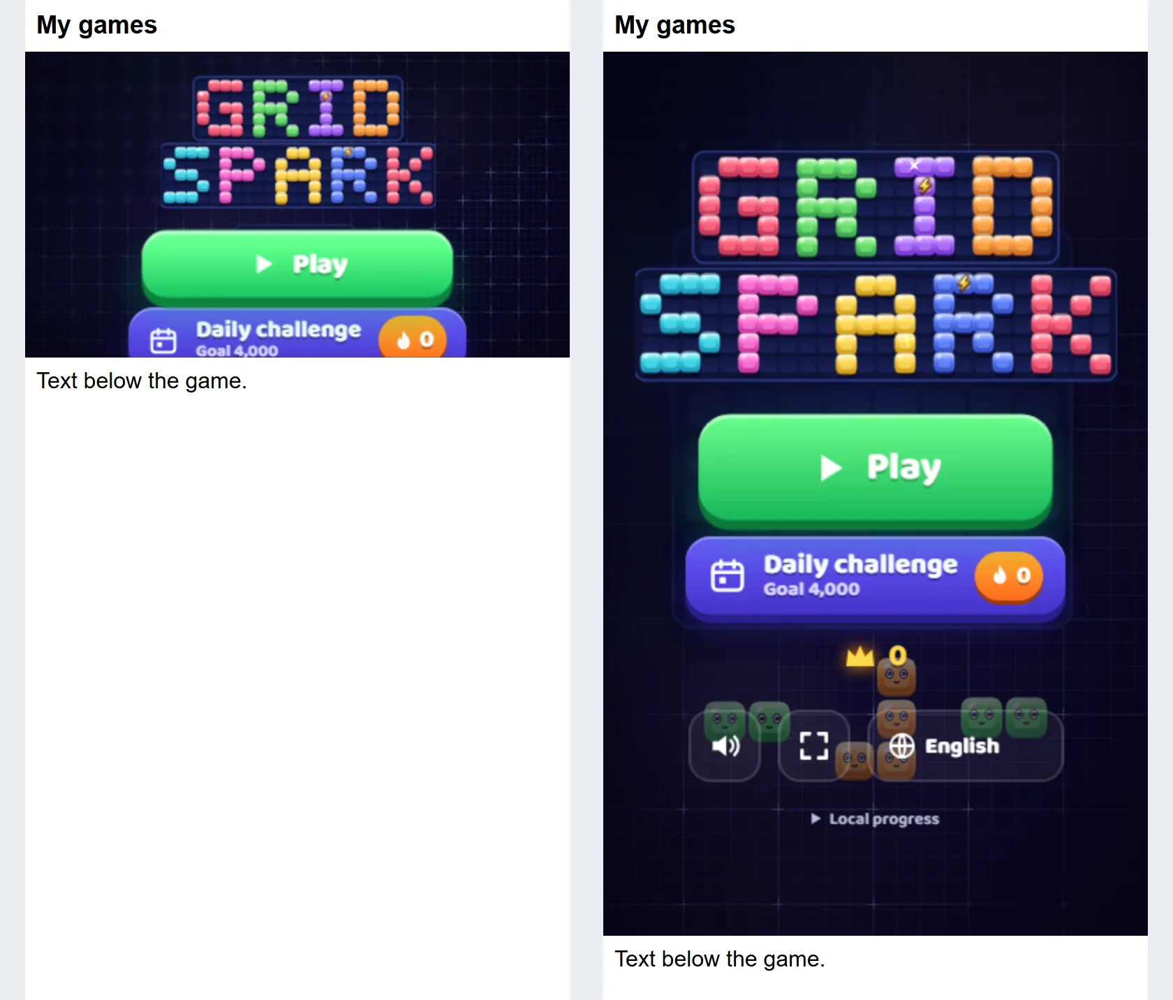 Deux écrans de téléphone côte à côte, chacun montrant une page avec le menu d’accueil de Gridspark dans une iframe : à gauche un cadre 16:9 trop court qui coupe le menu, à droite un cadre haut qui montre tout le menu.