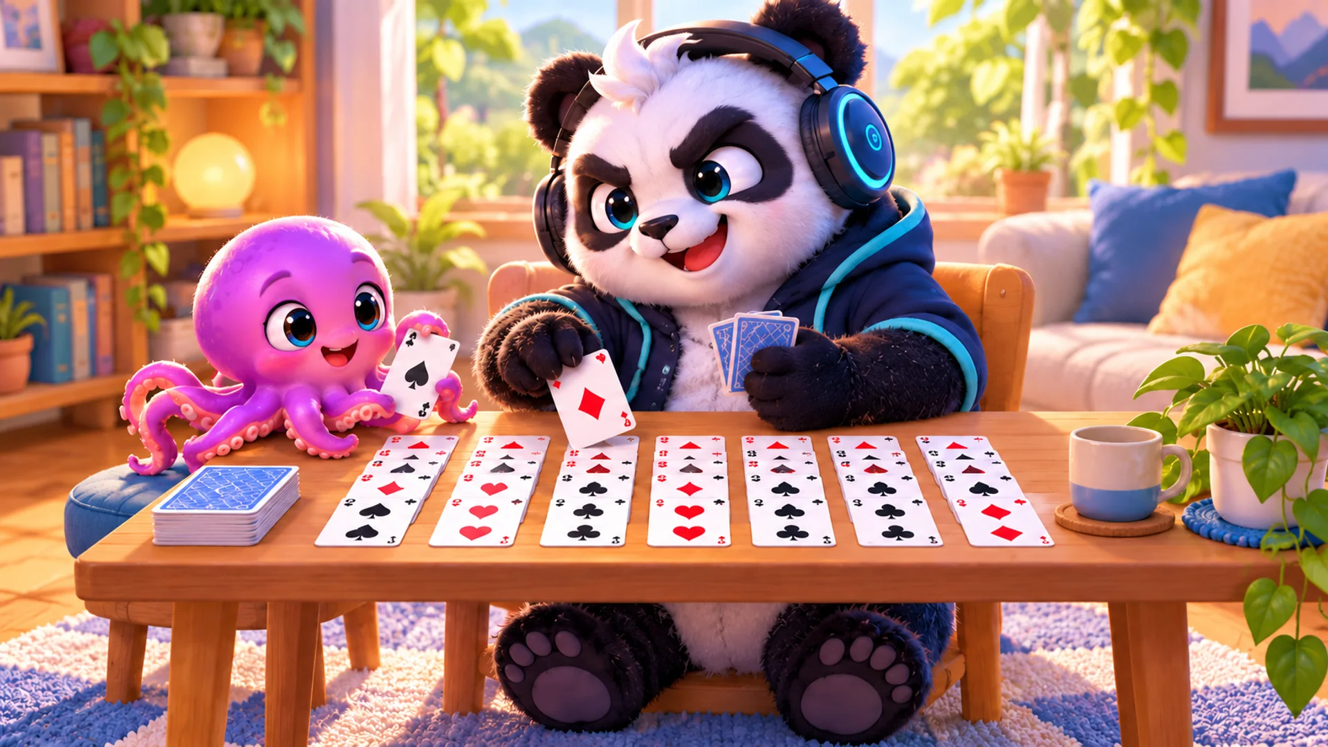 Polarzinho and a purple octopus playing solitaire at a wooden table, with the cards laid out in seven columns in a cozy living room