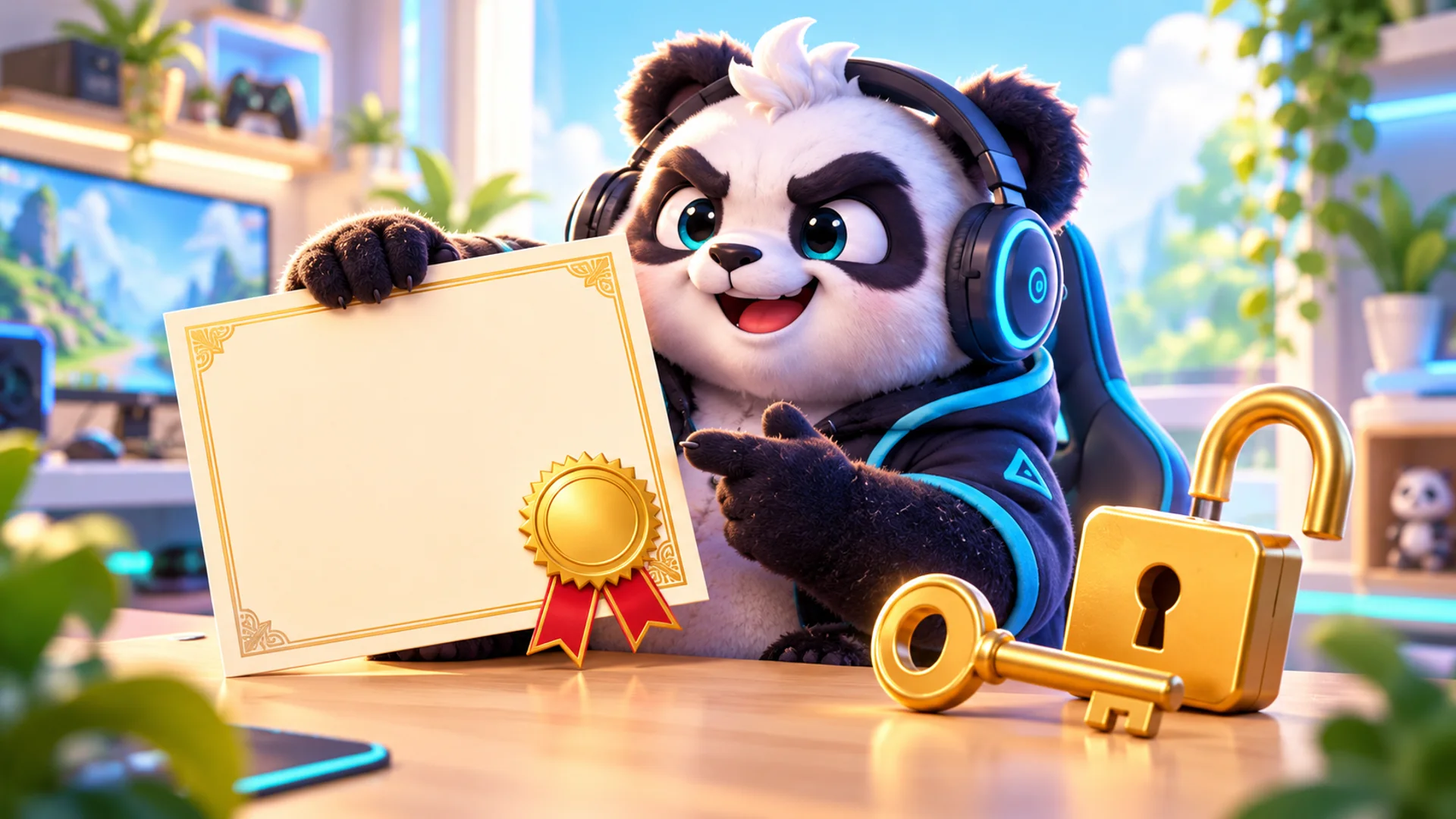 Polarzinho holds a blank certificate with a gold seal and red ribbon, next to a golden key and an open padlock on a desk.