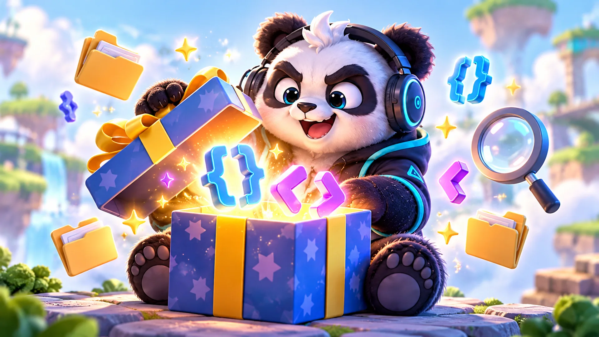 Polarzinho opens a starry gift box from which glowing code braces, brackets, file folders and a magnifying glass float out.