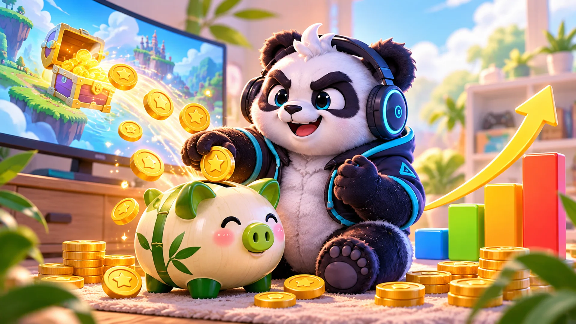Polarzinho drops a gold star coin into a bamboo-green piggy bank while coins fly out of a game screen, next to a rising bar chart with an arrow.