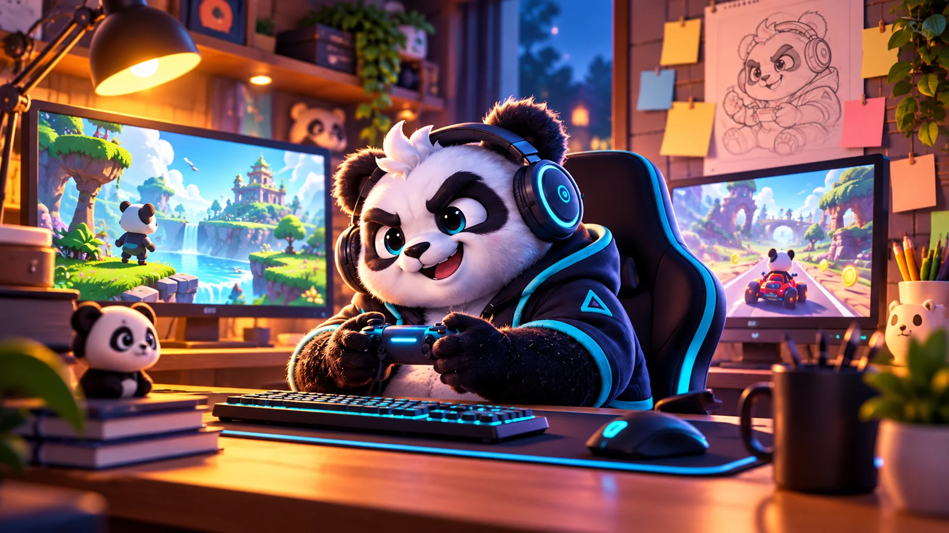 Polarzinho in a small home studio, playing with a controller in front of two monitors with colorful games and a character sketch on the wall