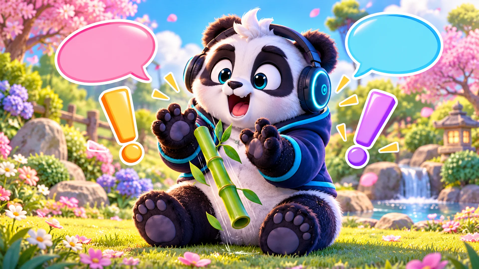 Polarzinho looking amazed and dropping a bamboo stalk in a garden, surrounded by colorful speech bubbles and giant exclamation marks