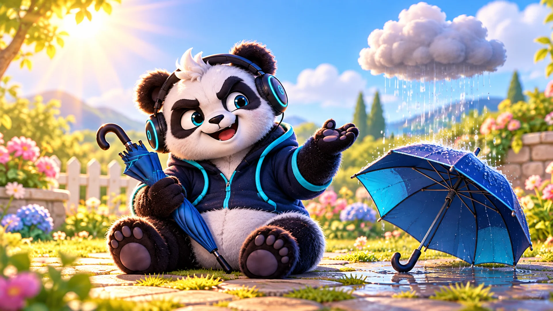 Polarzinho on a sunny day holding a closed umbrella, while a tiny cloud rains only on an open umbrella next to him