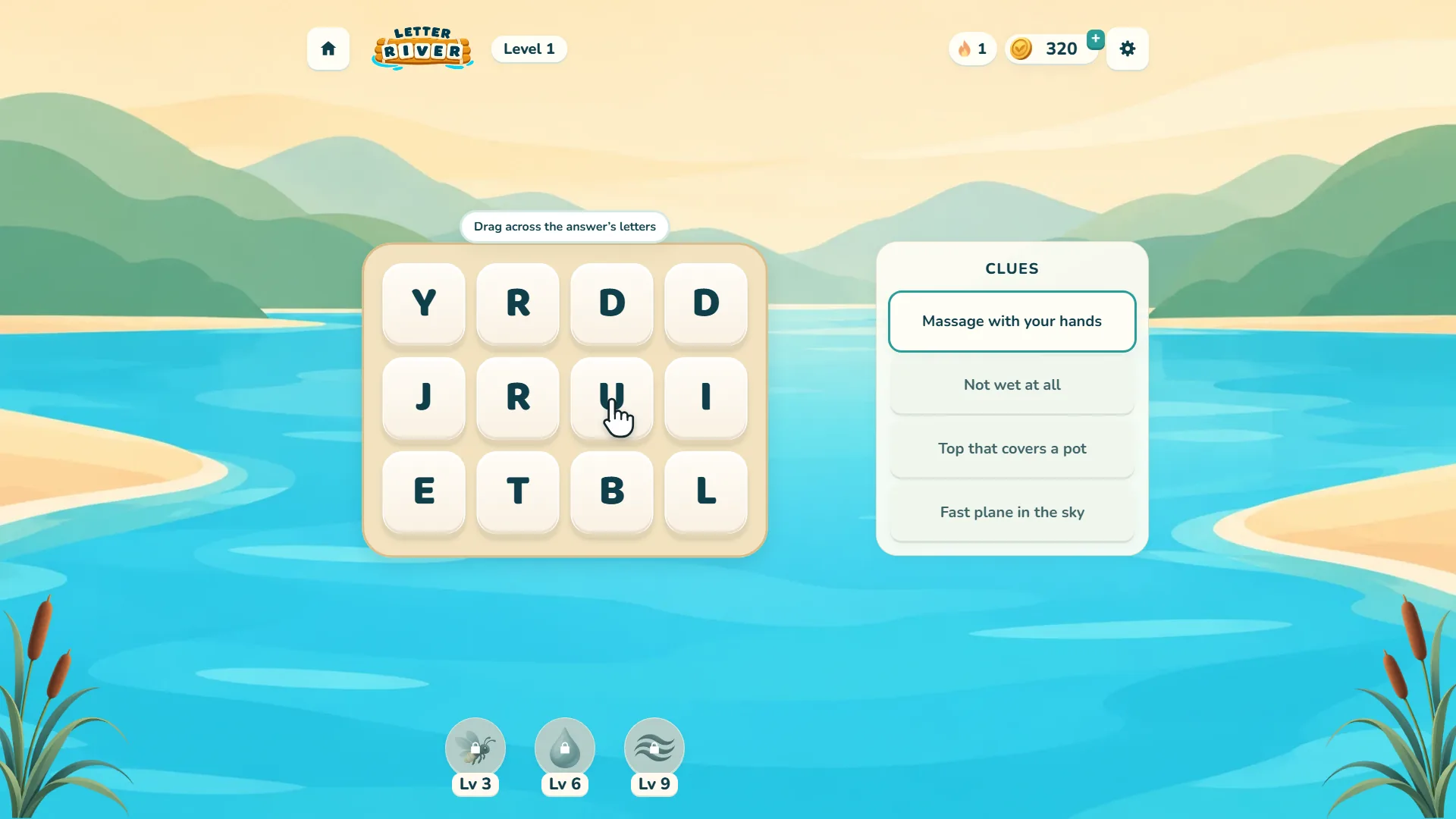 Letter River level 1: a 4 by 3 board with the letters Y R D D, J R U I and E T B L, four clues on the right and a hand pointing at the tiles