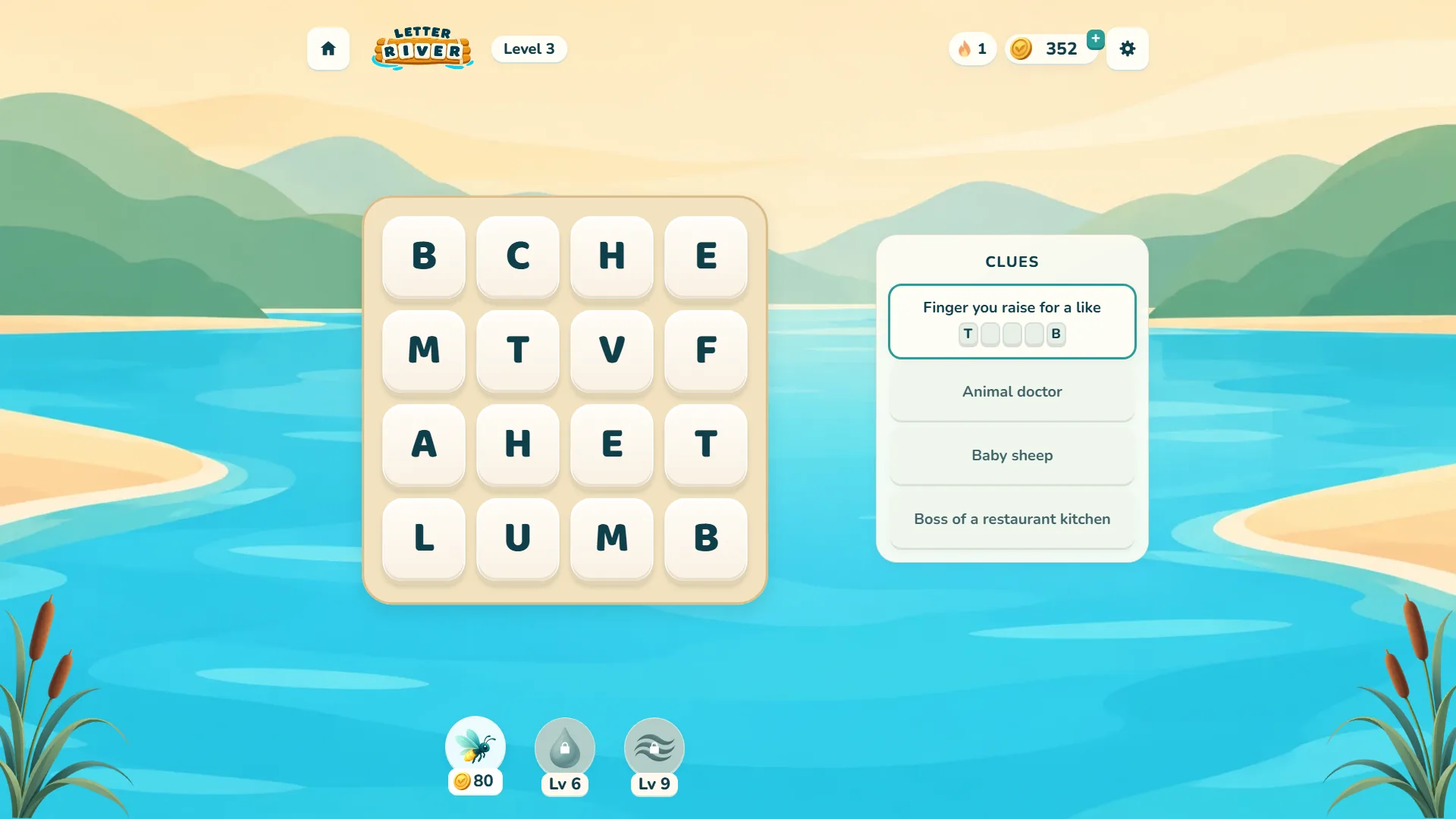 Letter River level 3 with the Firefly hint showing T, three empty boxes and B under the clue Finger you raise for a like