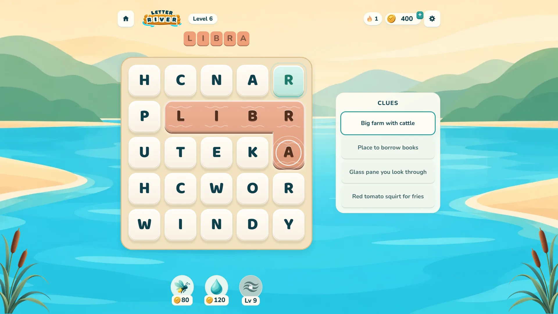 Letter River level 6 on a 5 by 5 board with the word LIBRA traced in orange and one tile highlighted by the Drop hint