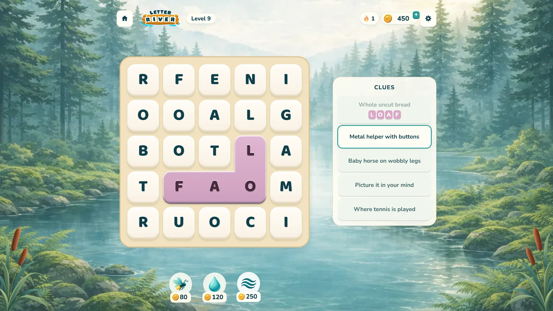 Letter River level 9 in a pine forest with the word LOAF solved in pink by the Current hint and the three hint prices at the bottom