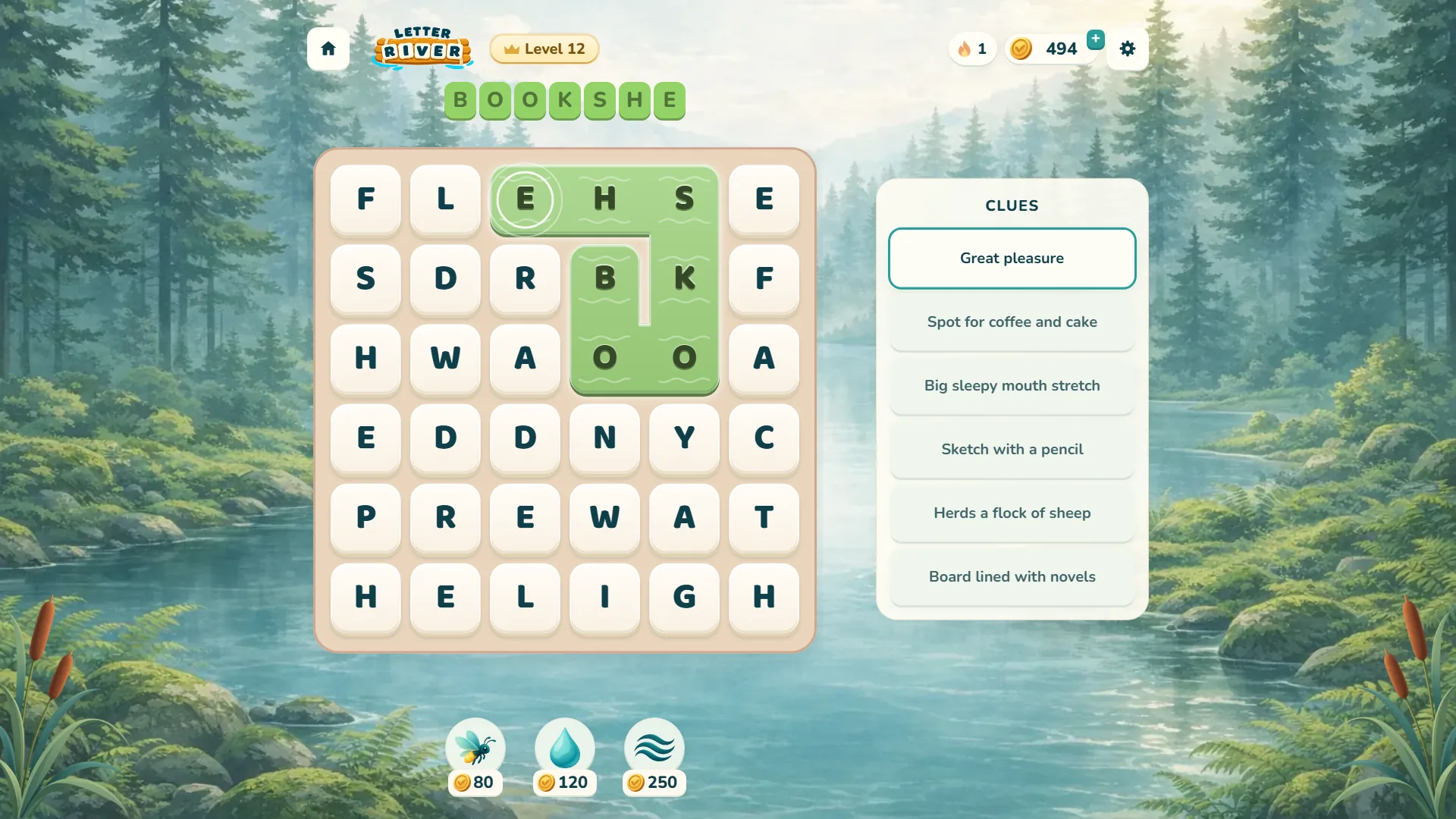 Letter River boss level 12 with a crown on the level badge, a 6 by 6 board and the word BOOKSHE traced in green