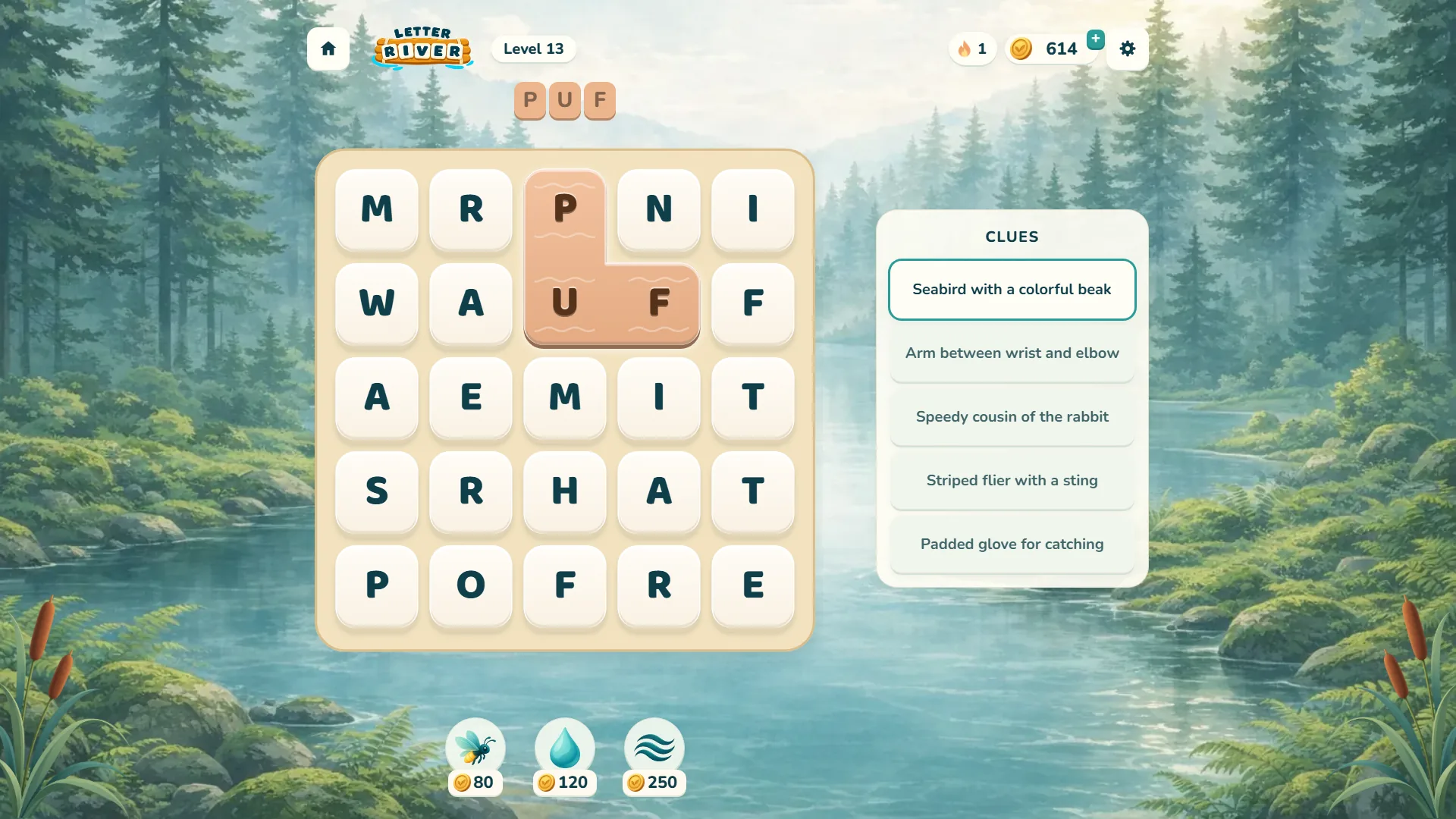 Letter River level 13 with P, U, F typed on the keyboard and an orange L-shaped path lit on the board