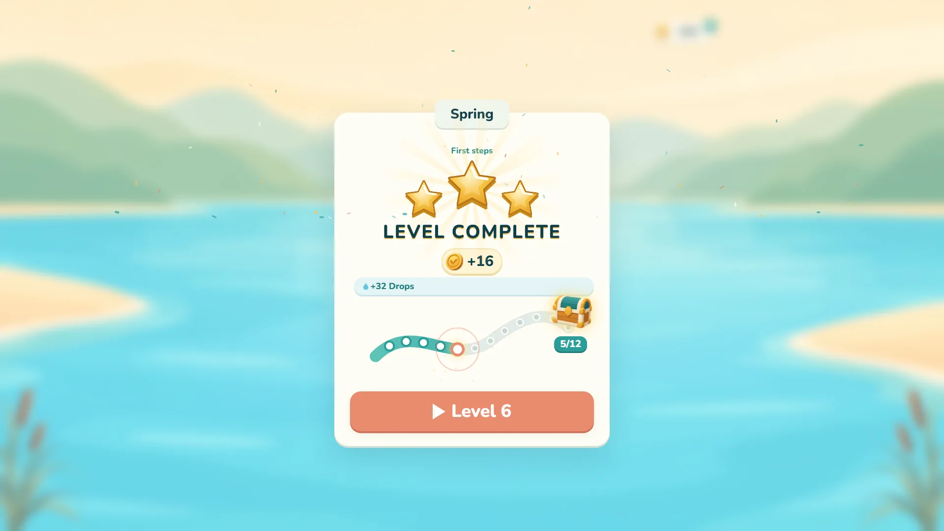 Letter River level complete card with three stars, plus 16 coins and a river-shaped track at 5 out of 12 leading to a chest