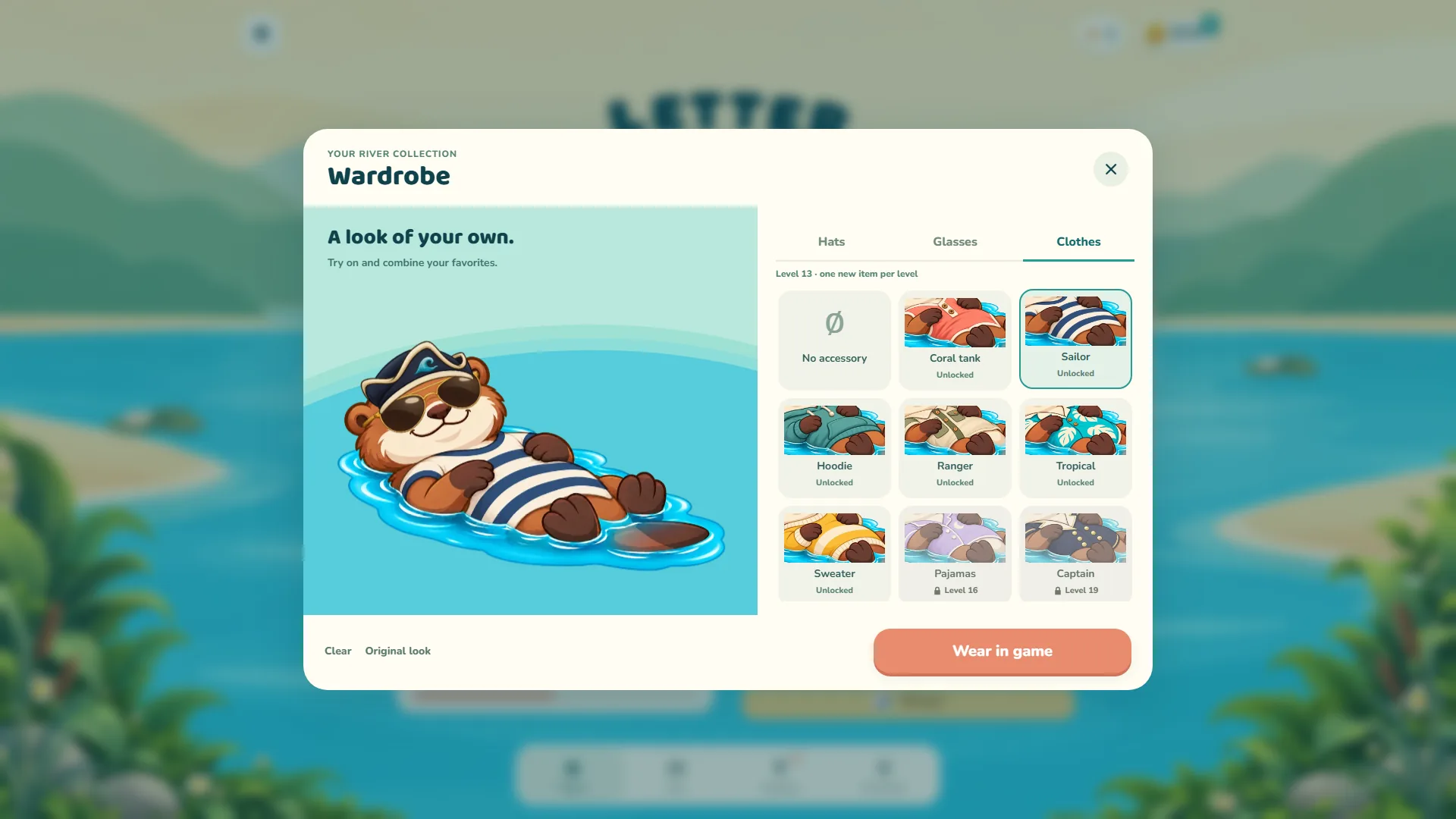 Letter River wardrobe showing an otter in a pirate hat, aviator glasses and a sailor shirt, with the Clothes tab open
