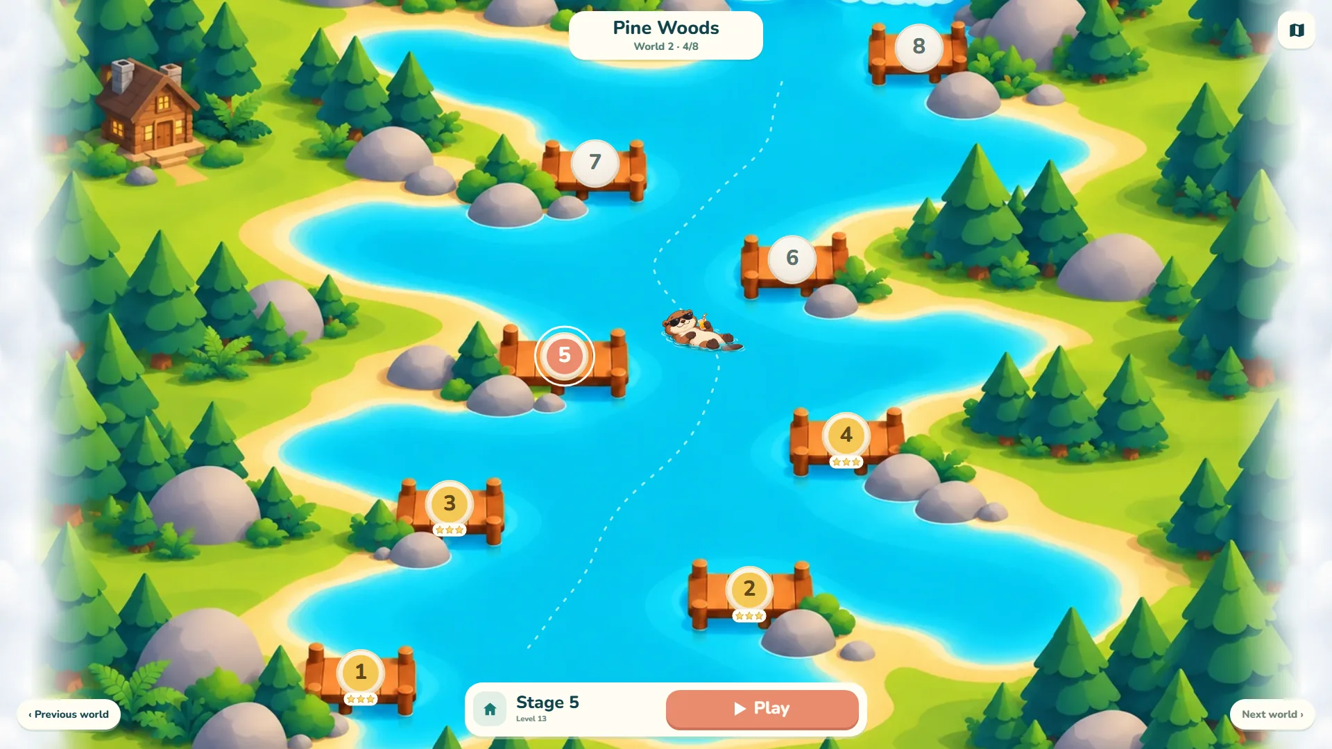 Letter River map of Pine Woods, World 2, with eight numbered docks, three stars under docks 1 to 4 and an otter floating in the river