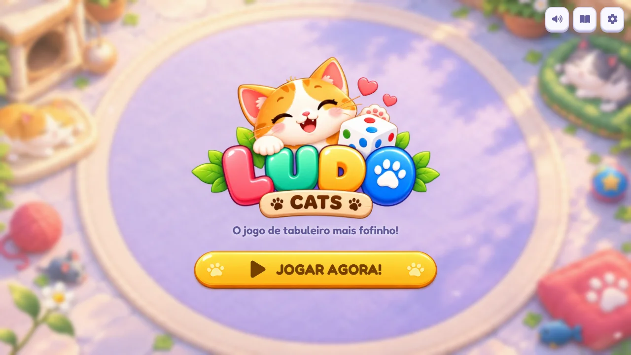 Pantalla de apertura de Ludo Cats con el logo, el tablero en un jardín de gatos y el botón de jugar