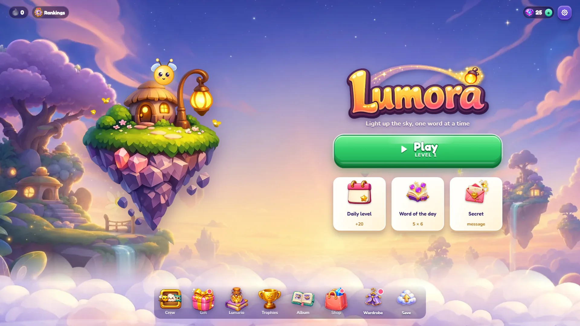 Lumora home screen with a floating island, a green Play button for level 1, Daily level, Word of the day and Secret message cards and a bottom bar with Crew, Gift, Lumário, Trophies, Album, Shop and Wardrobe