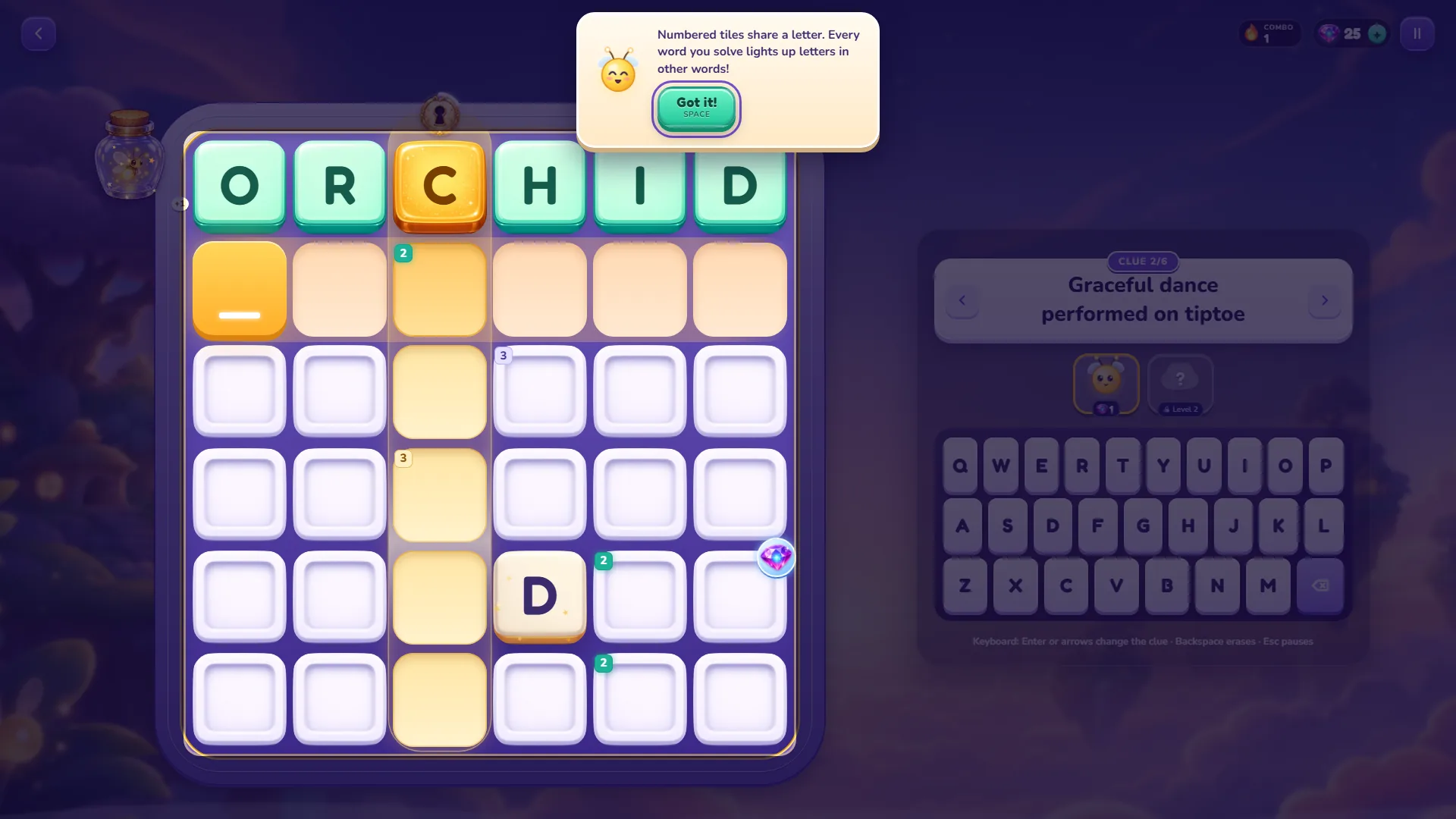 Level 1 of Lumora after the first word, ORCHID, with numbered tiles in the empty rows and a bubble saying numbered tiles share a letter