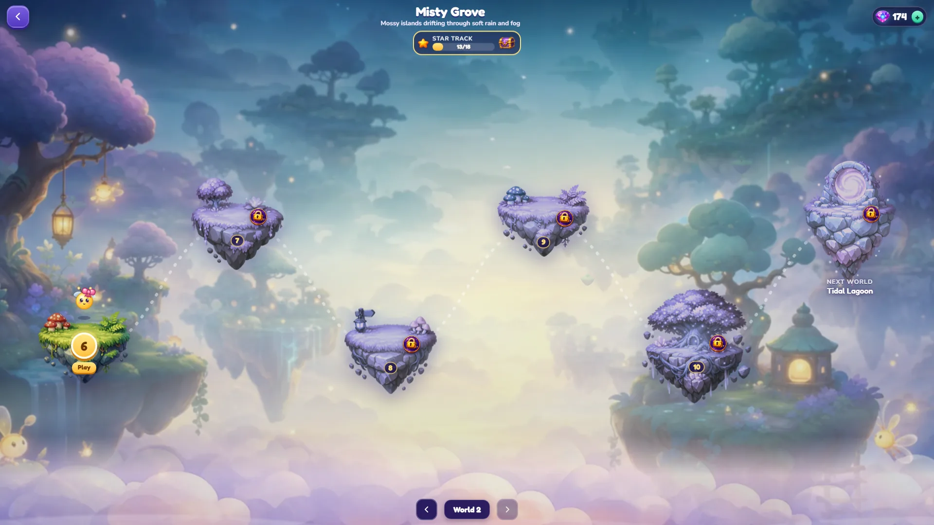 The Misty Grove map in Lumora with level 6 ready to play, islands 7 to 10 locked, a star track at 13 of 18 and a portal to Tidal Lagoon