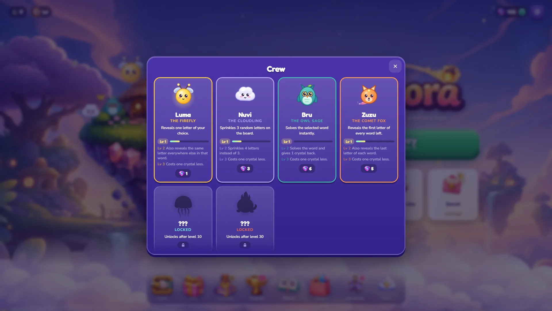The Crew screen in Lumora with Luma the firefly, Nuvi the cloudling, Bru the owl sage and Zuzu the comet fox, their powers, upgrade levels and crystal prices, and two locked silhouettes