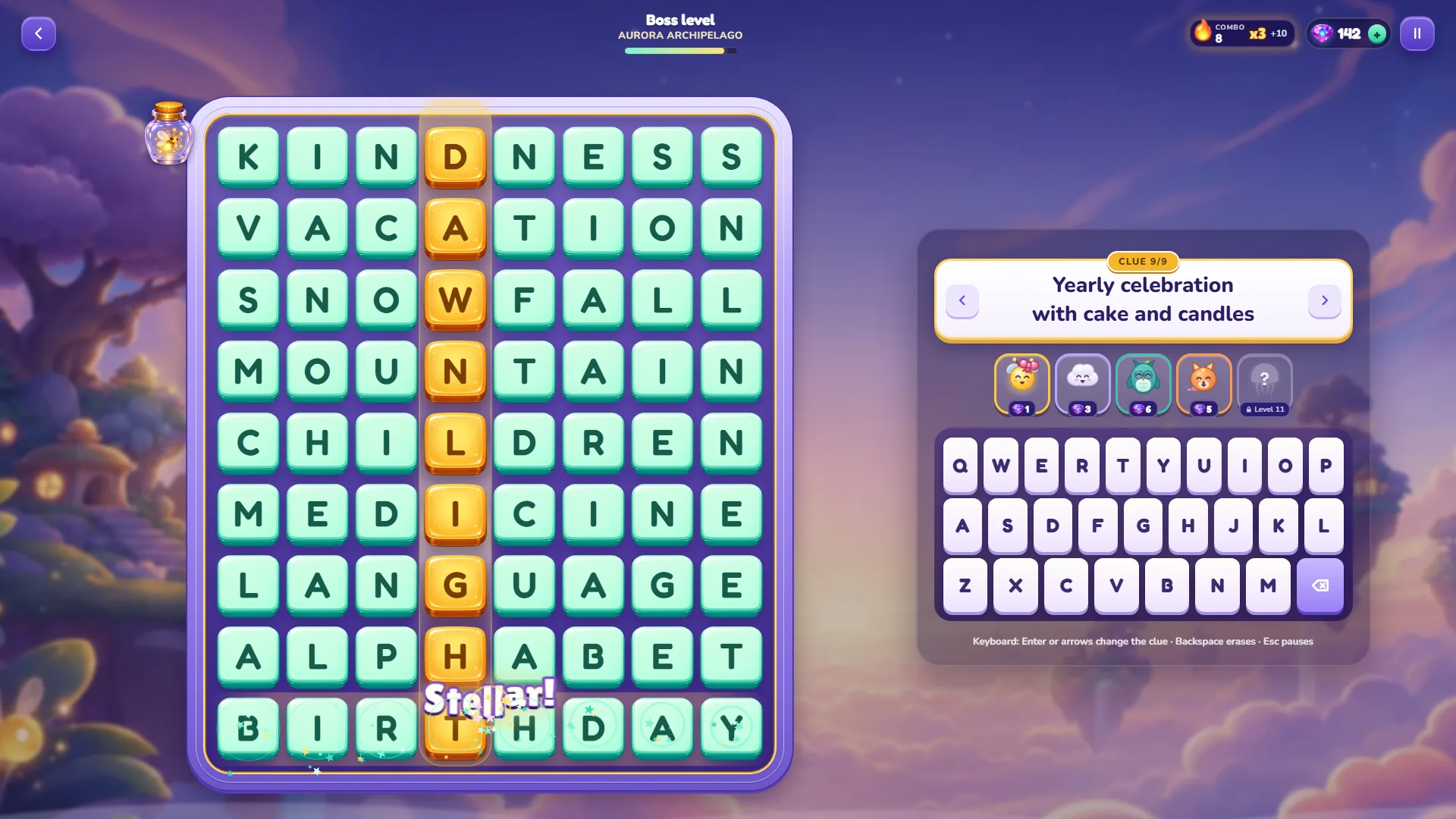 The Lumora boss level finished: a nine-row board with KINDNESS, VACATION, SNOWFALL, MOUNTAIN, CHILDREN, MEDICINE, LANGUAGE, ALPHABET and BIRTHDAY, a golden column spelling DAWN LIGHT and a Stellar! pop-up