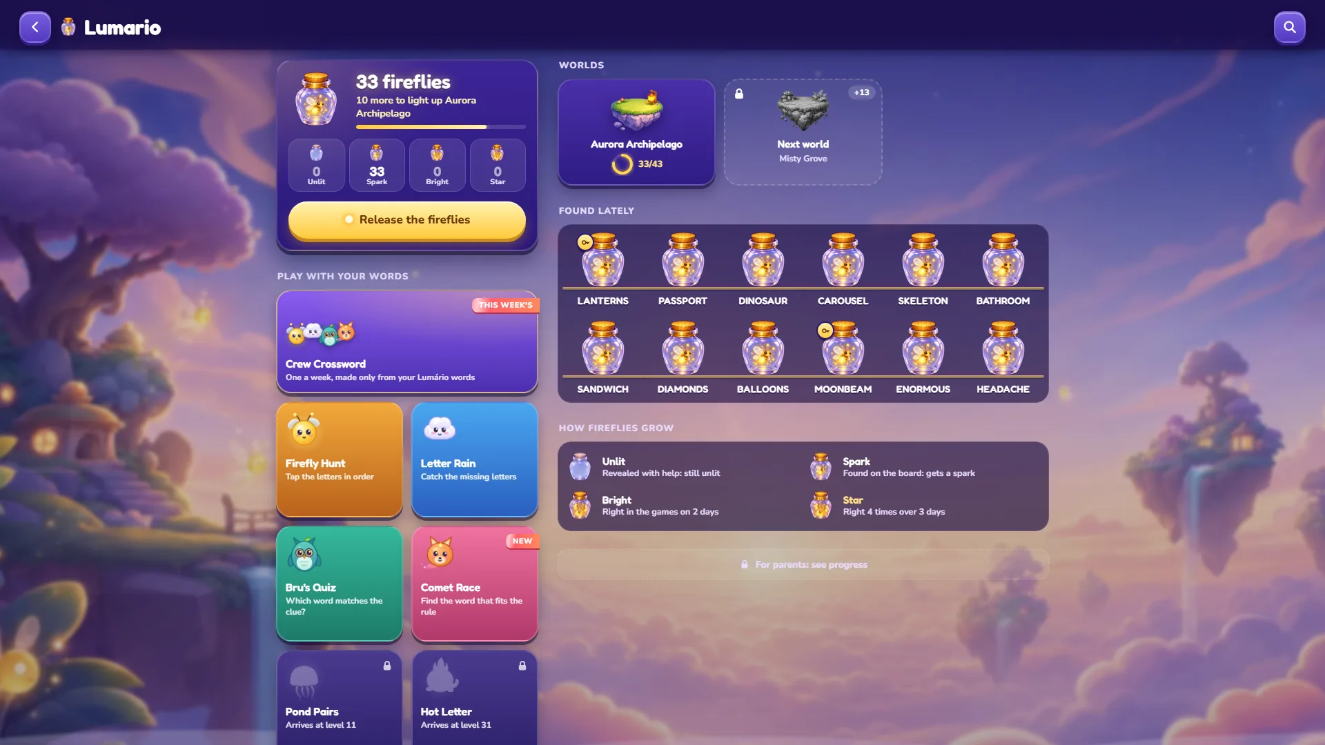 The Lumário screen in Lumora with 33 fireflies, all in Spark, the minigames Firefly Hunt, Letter Rain, Bru's Quiz and Comet Race, locked Pond Pairs and Hot Letter and a list of found words