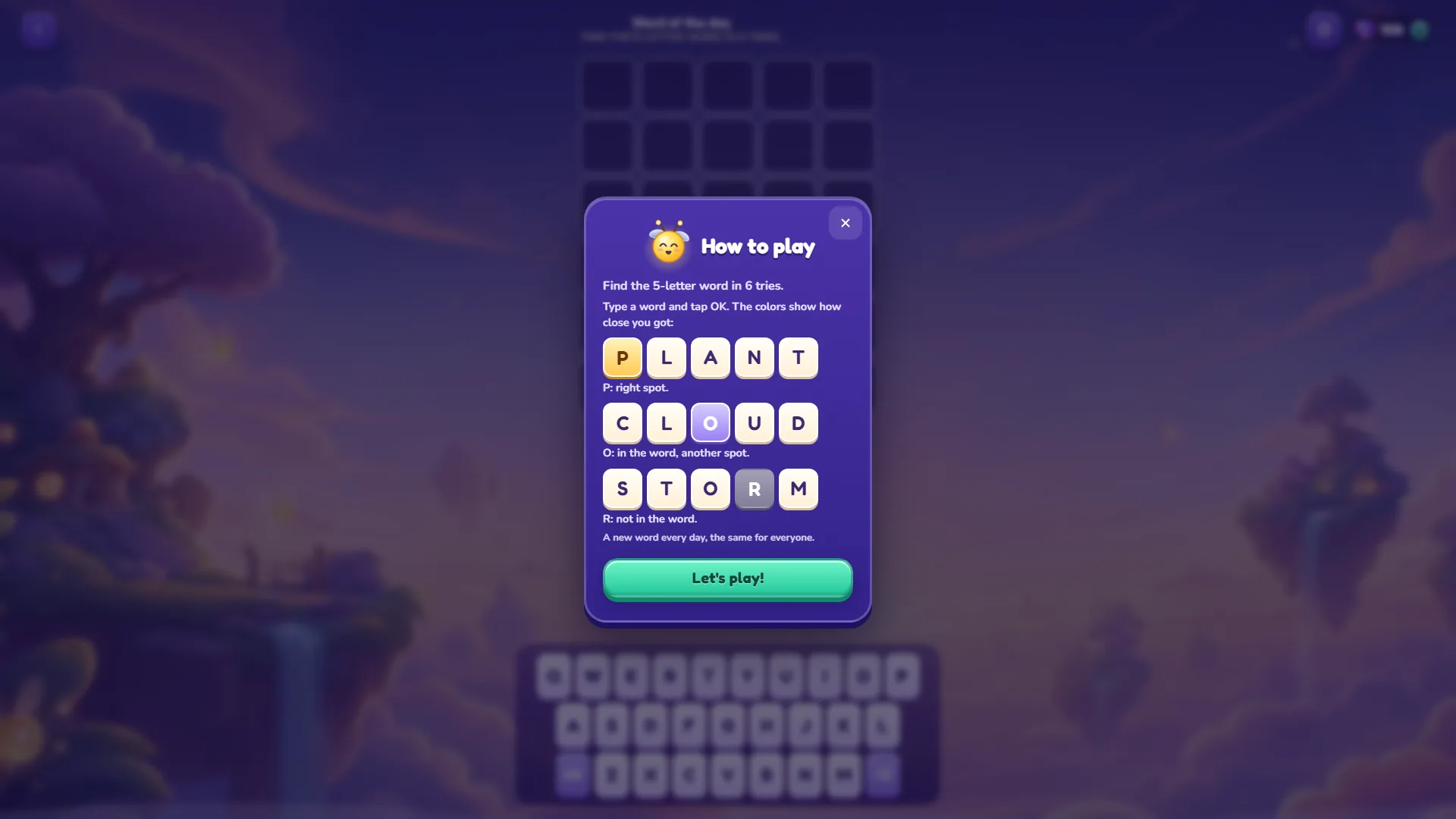 The How to play card for the word of the day in Lumora with three example words: P in the right spot, O in another spot and R not in the word