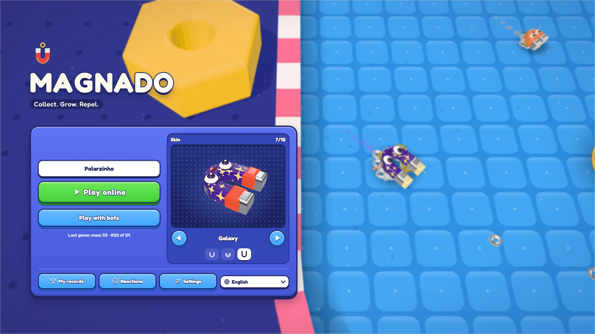 Menu principal do Magnado com o nome Polarzinho digitado, os botões Play online e Play with bots, o carrossel de visuais na pintura Galaxy com o formato Fork e uma porca dourada gigante ao fundo