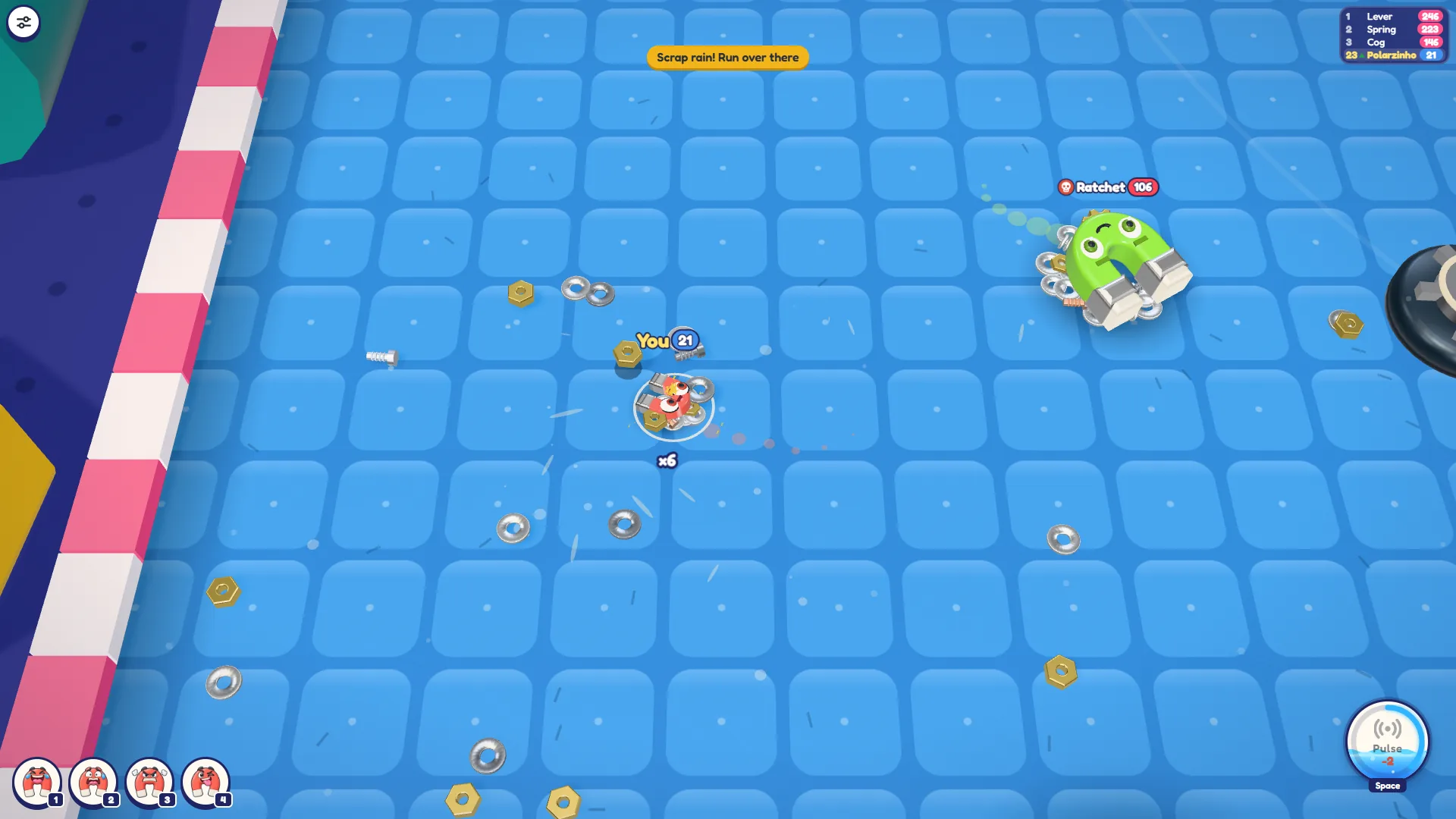Magnado durante a chuva de sucata com massa 21, contador ×6 embaixo do ímã, arruelas, porcas e parafusos no chão, aviso Scrap rain e um rival chamado Ratchet com 106 no alto à direita