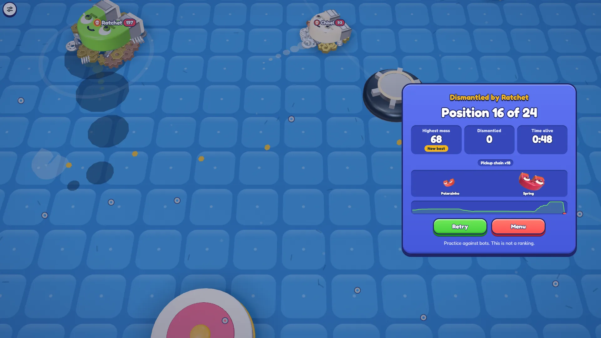 Cartão de resultado do Magnado: Dismantled by Ratchet, Position 16 of 24, Highest mass 68 com selo New best, Dismantled 0, Time alive 0:48, uma etiqueta Pickup chain ×18, um gráfico de massa e os botões Retry e Menu