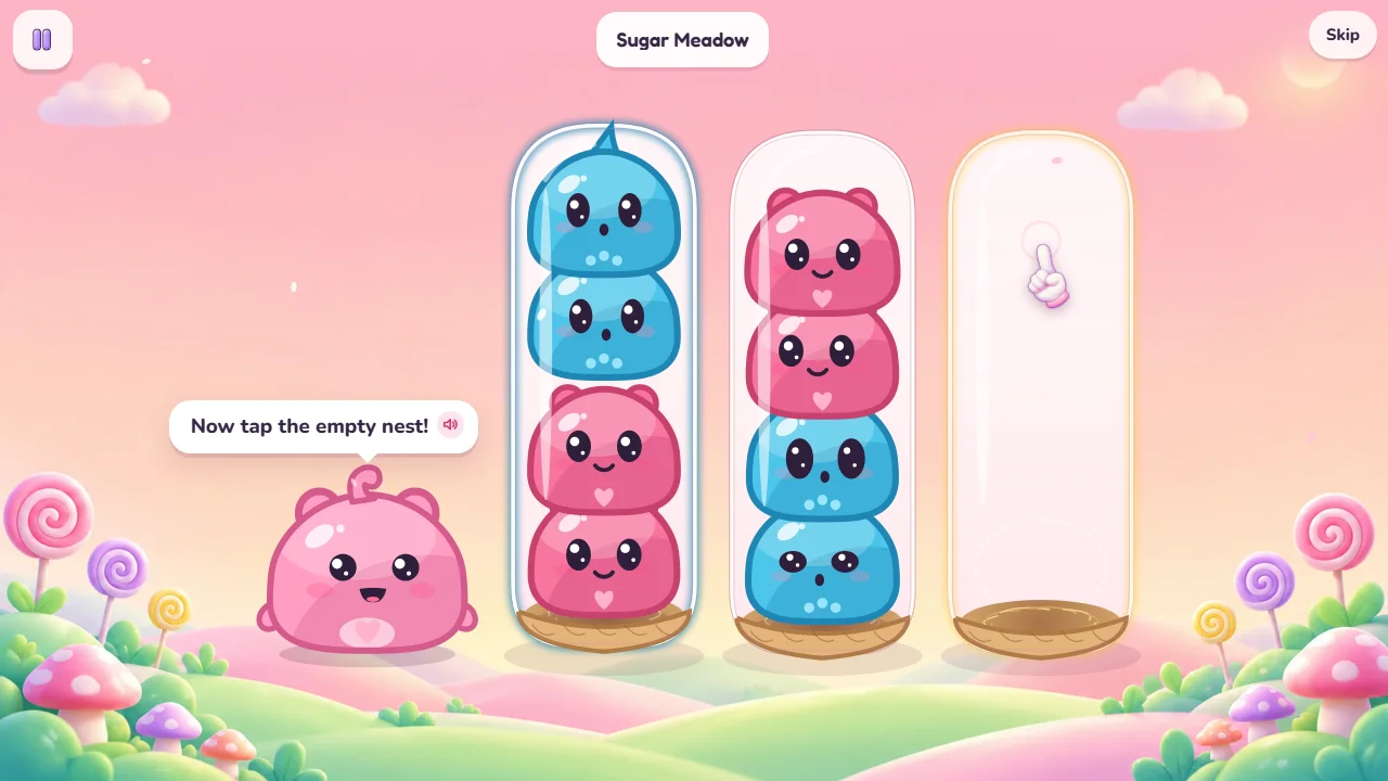 Tablero del tutorial con el primer nido brillando, una manita sobre el nido vacío y el globo de Momo, en inglés, que dice Now tap the empty nest!