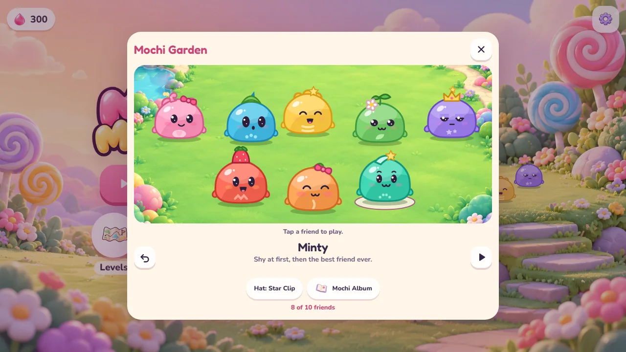 Jardín Mochi con ocho amigos con sombrero, Minty seleccionado con el botón Hat: Star Clip y el texto 8 of 10 friends, en inglés.