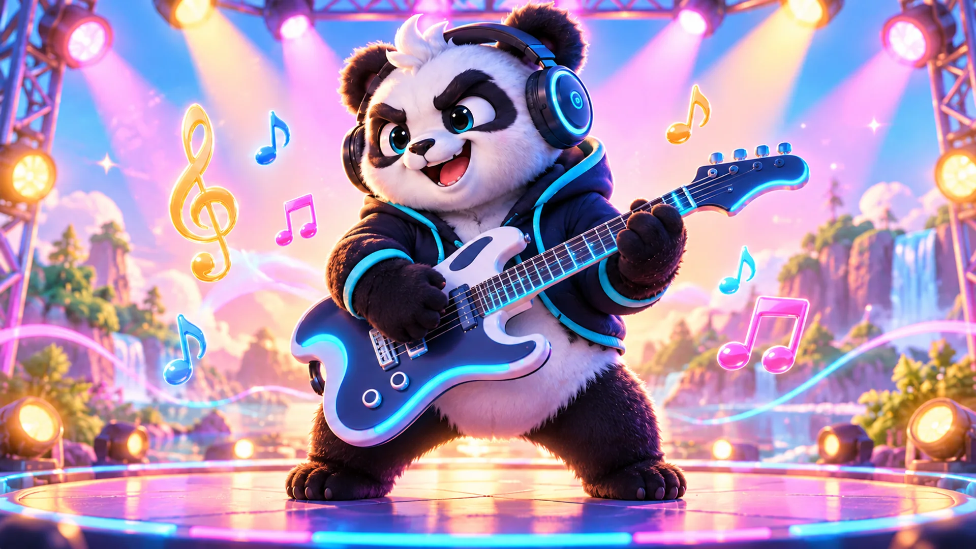 Polarzinho playing electric guitar on a lit stage, with a treble clef and colorful music notes floating around him