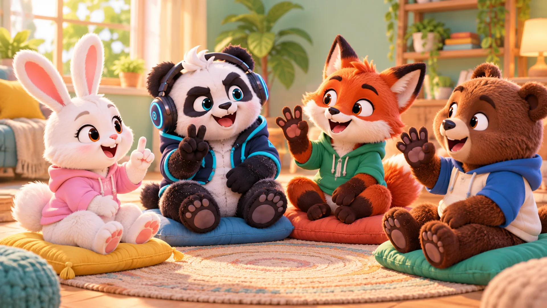 Polarzinho in a circle with a bunny, a fox and a bear cub, all with hands raised and some fingers down, laughing