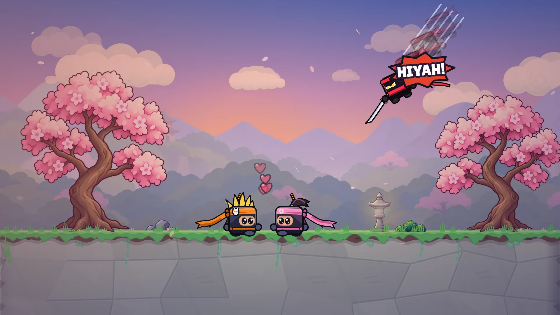 Cena de abertura de Little Ninja Dash com dois ninjas e corações num jardim de cerejeiras, enquanto um ninja vermelho salta gritando HIYAH