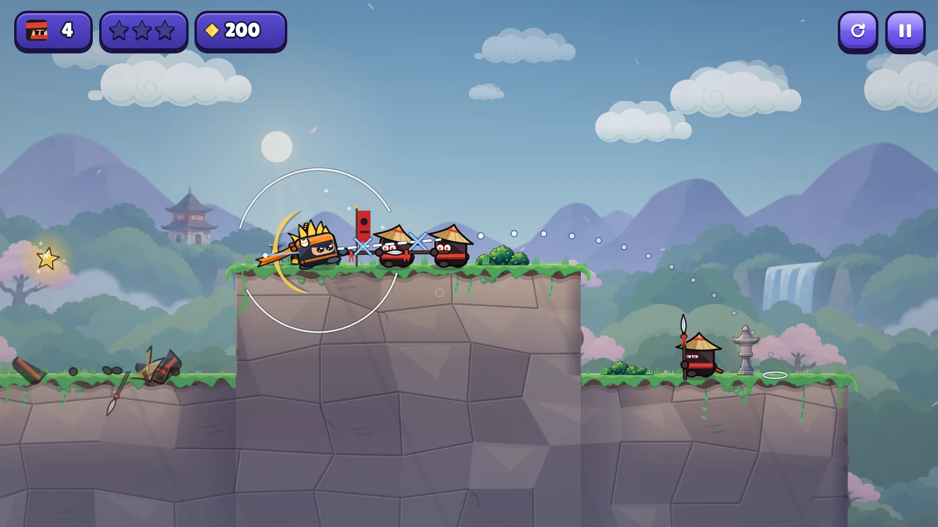 Mira de Little Ninja Dash com linha pontilhada do salto e dois X sobre inimigos de chapéu de palha numa plataforma